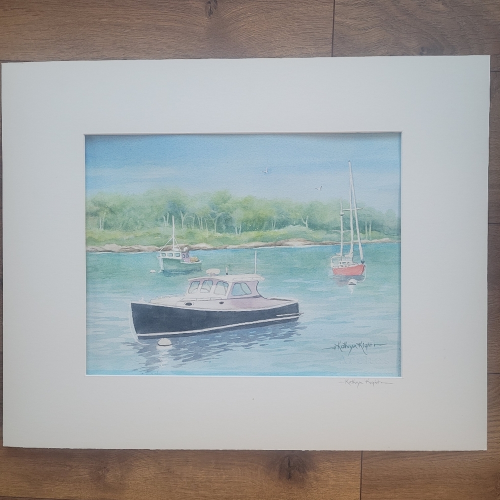 Original Watercolor Painting Of Harbor Scene. Titled ' Calm Of The Blue Boat'.